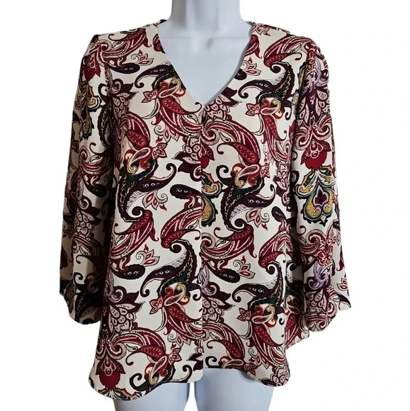 Chico’s 2P Petite Large Paisley Boho Peasant Blouse Slit Bell Sleeve Vintage Top - Picture 2 of 8